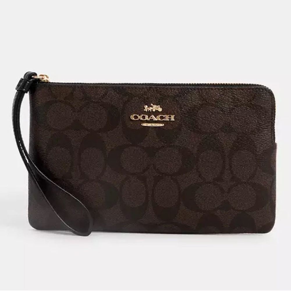 Coach Large Corner Zip Wristlet In Signature Canvas - Gold/Brown Black